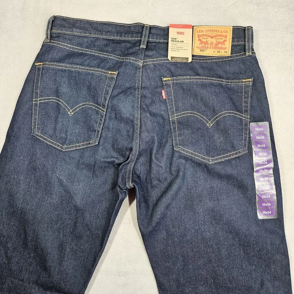 Levis 505 Jeans Mens 36x34 Blue Denim Regular Straight Stretch Pants Work Dark‎